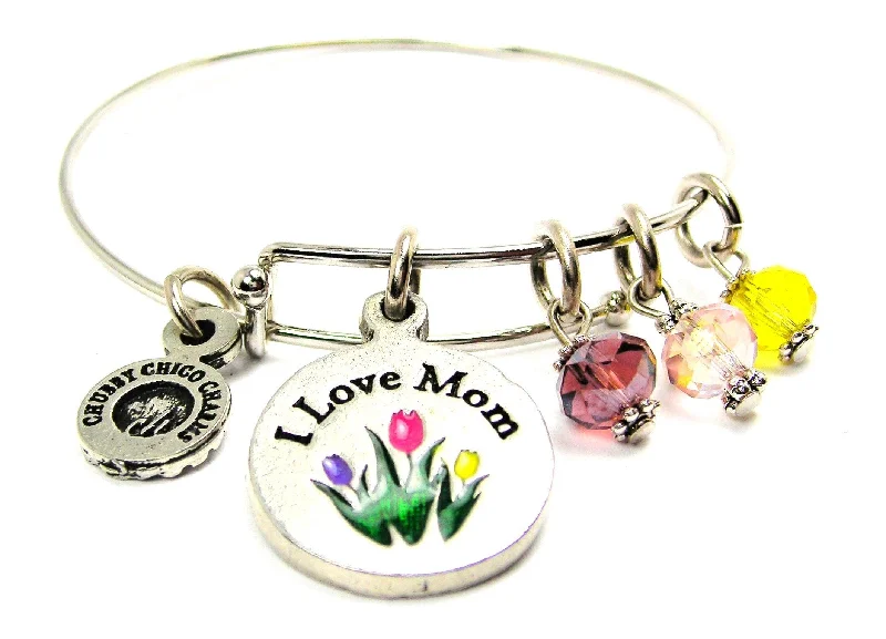 Mothers Day Tulips I Love Mom With Lavender Pastel Pink Sunshine Yellow Tulips Expandable Bangle Bracelet