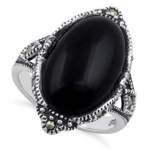 Sterling Silver Oval Black Onyx Marcasite Ring