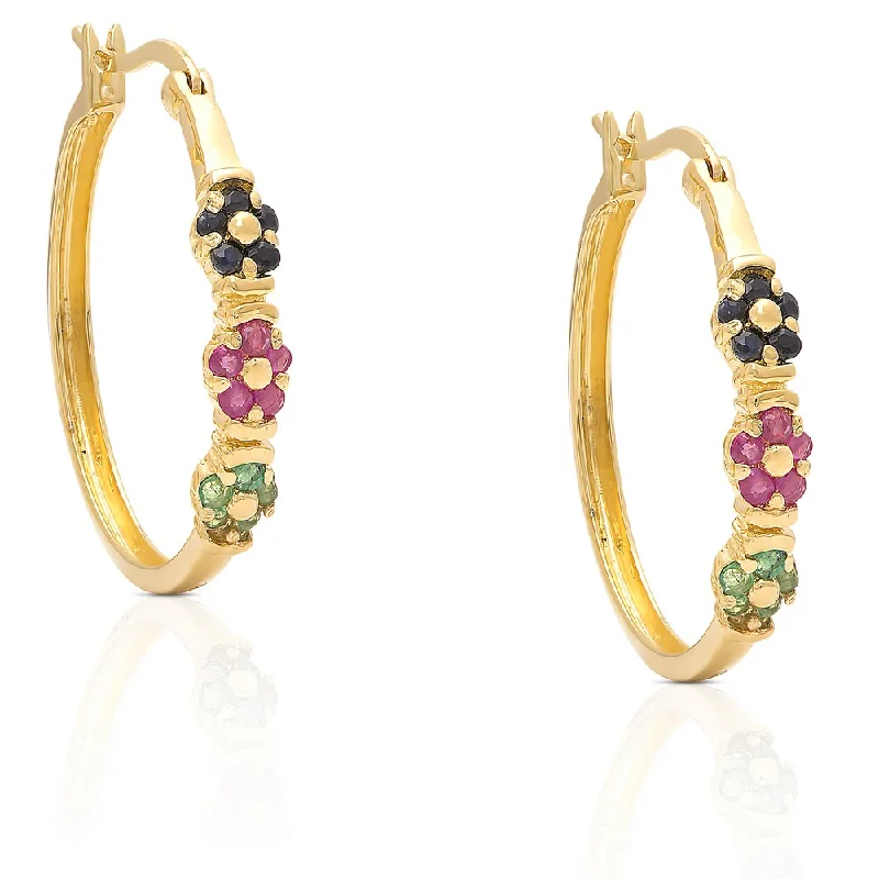 Dolce Giavonna Goldplated Sterling Silver Multi-gemstone Flower Hoop Earrings