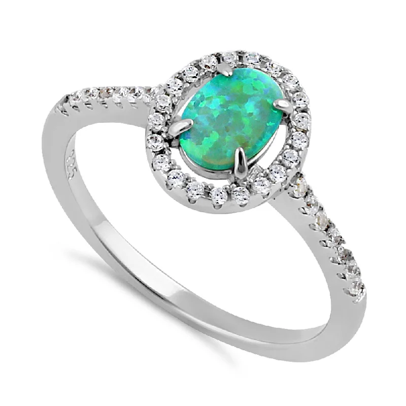 Sterling Silver Green Lab Opal and Clear CZ Oval Halo Ring