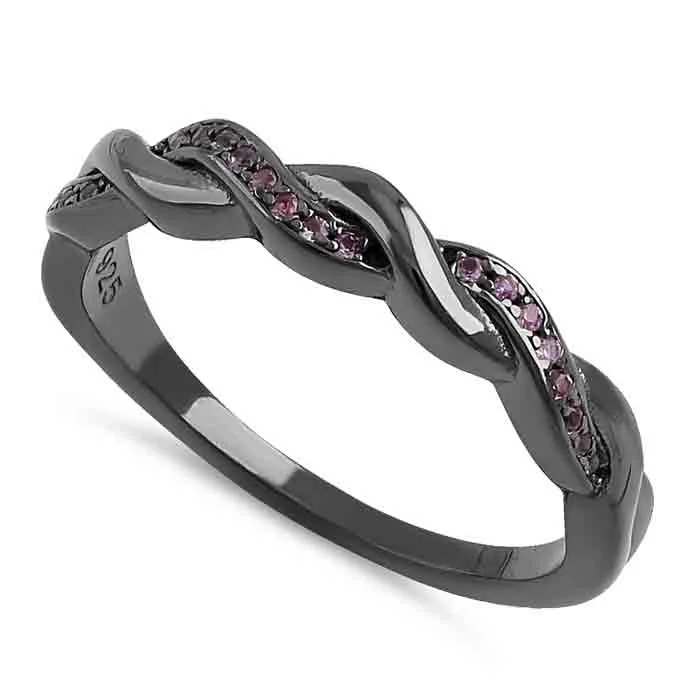 Sterling Silver Black Rhodium Plated Braided with Ruby CZ Ring