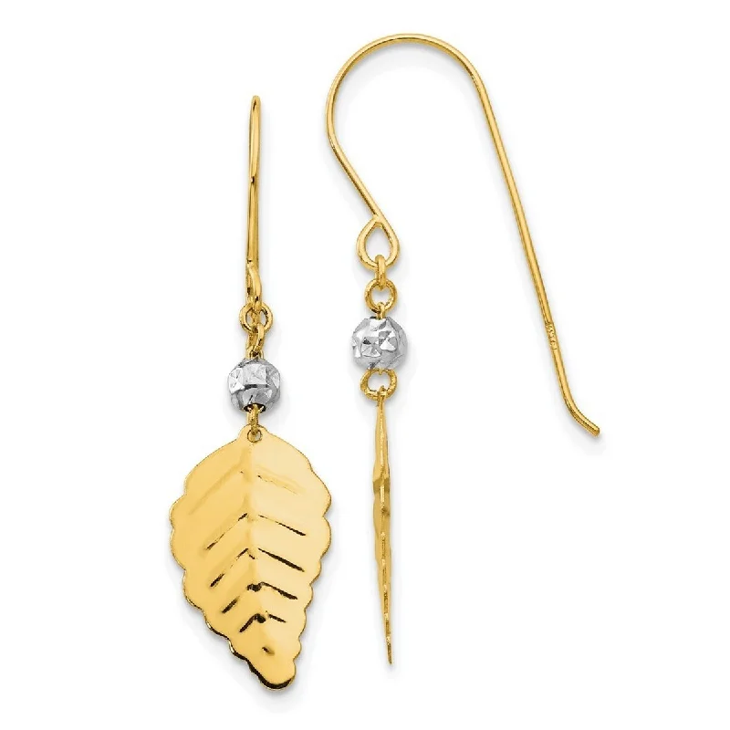 Curata 14k Two Tone Gold 35x10mm Textured Leaf Bead Dangle Hook Earrings