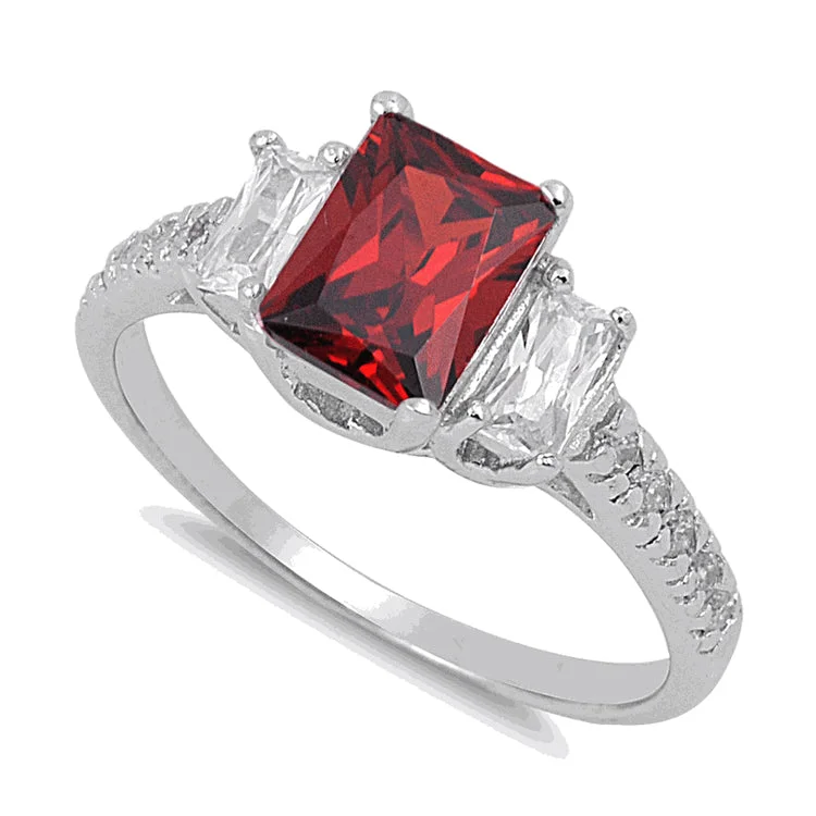 Sterling Silver Rectangular Garnet CZ Ring