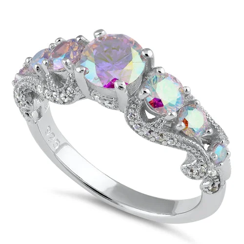 Sterling Silver Regal Iridescent Rainbow CZ Ring