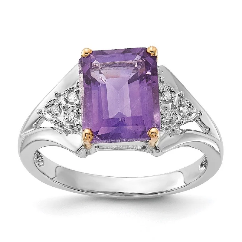 Curata 925 Sterling Silver Polished and 14K Amethyst and Diamond Ring Measures 2x11mm